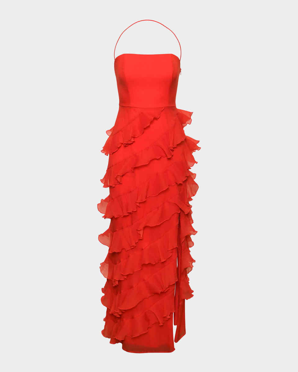 Lou Square-Neck Ruffle Column Gown
